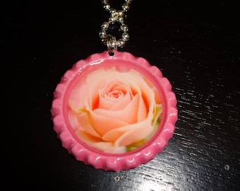 Pink Rose bottle Cap Necklace - * Free Chain - handmade * unique gift NEW