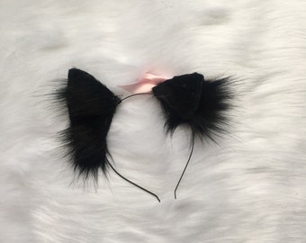 READY TO SHIP All Black Kitten Ears with Non-removable Pink Bow