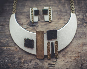 Statement necklace Bib necklace black white gold necklace geometry necklace polymer clay necklace large Аsymmetric necklace jewelry set