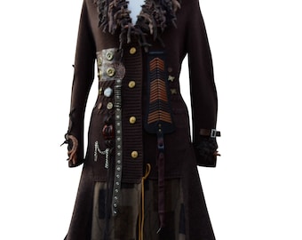 Steampunk sweater COAT, boho Military clothing, OOAK festival art to wear, tattered long grunge patchwork Coat. Plus size. Ready to ship