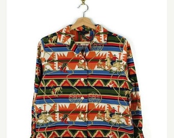 ON SALE Vintage Tribal Inspired Stripe Cowboy/Rancher printed cotton Blouse/horse