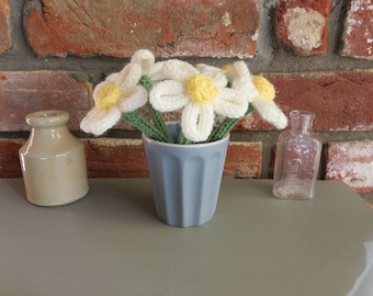 Five Hand Knitted Daisies / Flowers in Vase