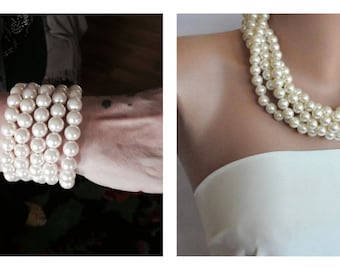 Wedding Pearl Jewelry Set , Bridal Necklace and Bracelet