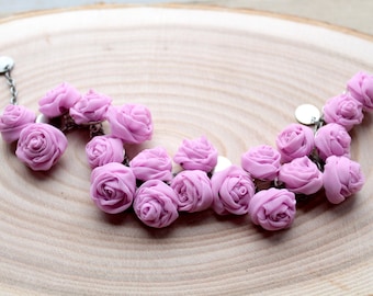 Fabric bracelet Pink-lilac rose bracelet Fabric jewelry Flower bracelet Floral jewelry Clusters bracelet Textile bracelet