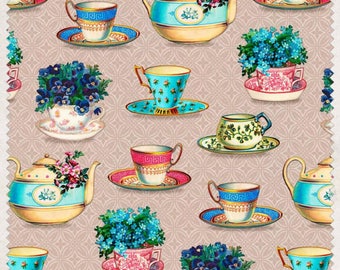 teacup fabric, cup and saucer fabric, tea time fabric, tea party fabric, quilting fabric, teapot fabric, cotton fabric, fabric by the metre