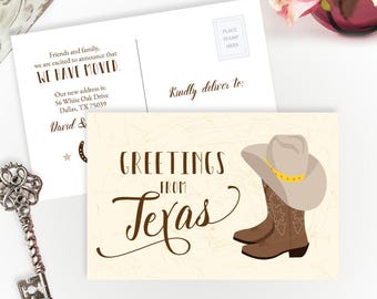 Greetings from Texas moving announcement cards PRINTED | Change of address postcards | We've moved to Texas cards