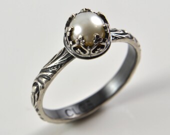 Pearl Ring in Sterling Silver, White Freshwater Pearl, Promise Engagement Stacking Ring, Pearl Jewelry, June Birthstone Ring, Gift for Her
