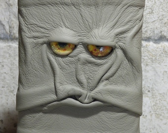 Pocket Flask 8 Ounce Gray Leather With Face Monster Goth Horror Groomsman Gift One Of A Kind 71