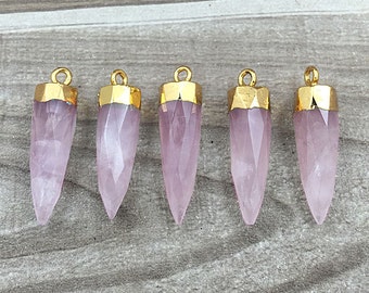Natural Rose Quartz Petite Spike Point Pendant Charm with 24k gold electroplated cap - Pink Stone Crystal Quartz spike pendant (SG48_03)