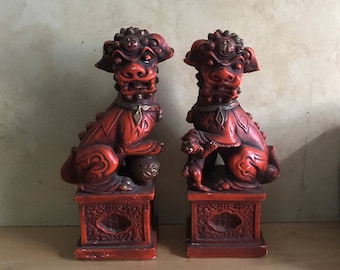 Pair of Gorgeous Vintage Porcelain Chinese Foo Dogs, guardian dogs, guardian lions,chinese dogs, chinese dragons,fierce dogs