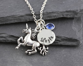 Unicorn necklace, personalized jewelry, name necklace, swarovski birthstone, personalized unicorn gift, birthstone necklace, hand stamped
