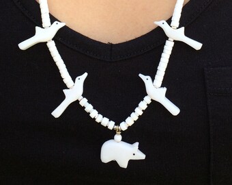 Native American Fetish Animal Necklace Bear Fetish Dove Jewelry Heishi Southwest White Wedding Jewelry Witch Familiar Goddess Native Jewelry
