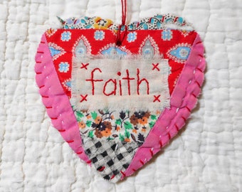 Wordz From the Heart Snippet Ornament - FAITH - Stitched From Recycled Vintage Quilt Piece
