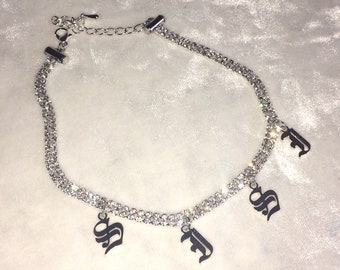 Custom Name Old English Rhinestone Choker ~ Silver ~ Y2K Jewelry 90s
