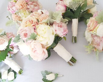 Peony Bouquet, Rose, Chrysanthemum & Dusty Miller Wedding Bouquet Silk Peonies