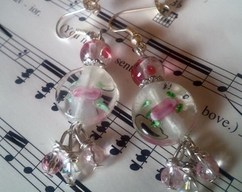 Spring Roses Earrings;crystalroseearrings;rosejewelry;roselampworkearrings;pinkroseearrings;pinkcrystalearring;springroseearring;pinkearring