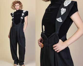 Vintage Pinafore Jumpsuit | 80s Crochet Suspender Overall Pants Black and White - Medium to Large