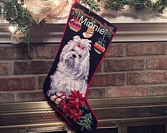 Maltese Dog Stocking, Christmas stocking, Dog stocking, Maltese Personalized Christmas stockings, Maltese needlepoint Christmas stocking