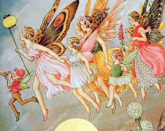 Hand-cut wooden jigsaw puzzle. Fairies rush to carnival. Outhwaite Fairytale gift. Wood, collectible. Bella Puzzles.