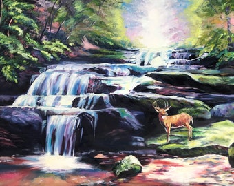 Beside The Cascades. waterfall oil painting