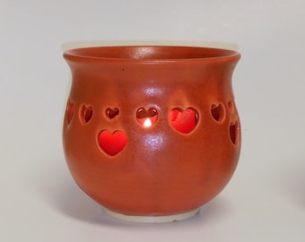 Orange Paprika Votive Candle Holder or Luminary with Heart Cut-outs - Wheel Thrown Pottery