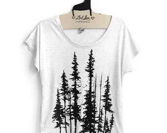 Small- Tri-Blend White Dolman Tee with Evergreen Trees Screen Print-