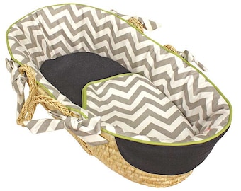 Chevron Grey/Navy/Lime Baby Moses Basket -Tailored Trim