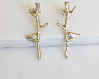 Gold Matte Bird Tree Earrings