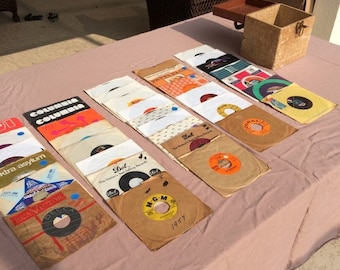 Vintage 45 RPM records, 38 total, in wooden carrying case , see titles in description