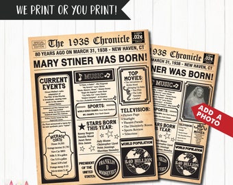80th Birthday Poster, 80th Birthday Newspaper - Back in 1938, 80th Anniversary Poster. Digital OR Printed. 80th Birthday Gift.