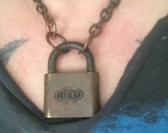 Handmade one of a kind vintage lucky lock chunky cable bronze brass punk rock metal necklace