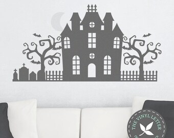 Halloween Scene | Vinyl Wall Holiday Decal Sticker | Haunted House Bats RIP Grave Tree Moon