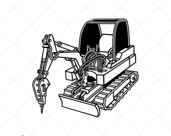 Mini Excavator with Jack Hammer Clipart-Vector Clip Art Graphics-Digital Download-Cut Ready Files-CNC-Vinyl Sign Design-Logo-eps, ai,svg,dxf