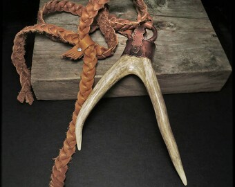 N1562 Double Tine 1 - antler braided leather statement necklace