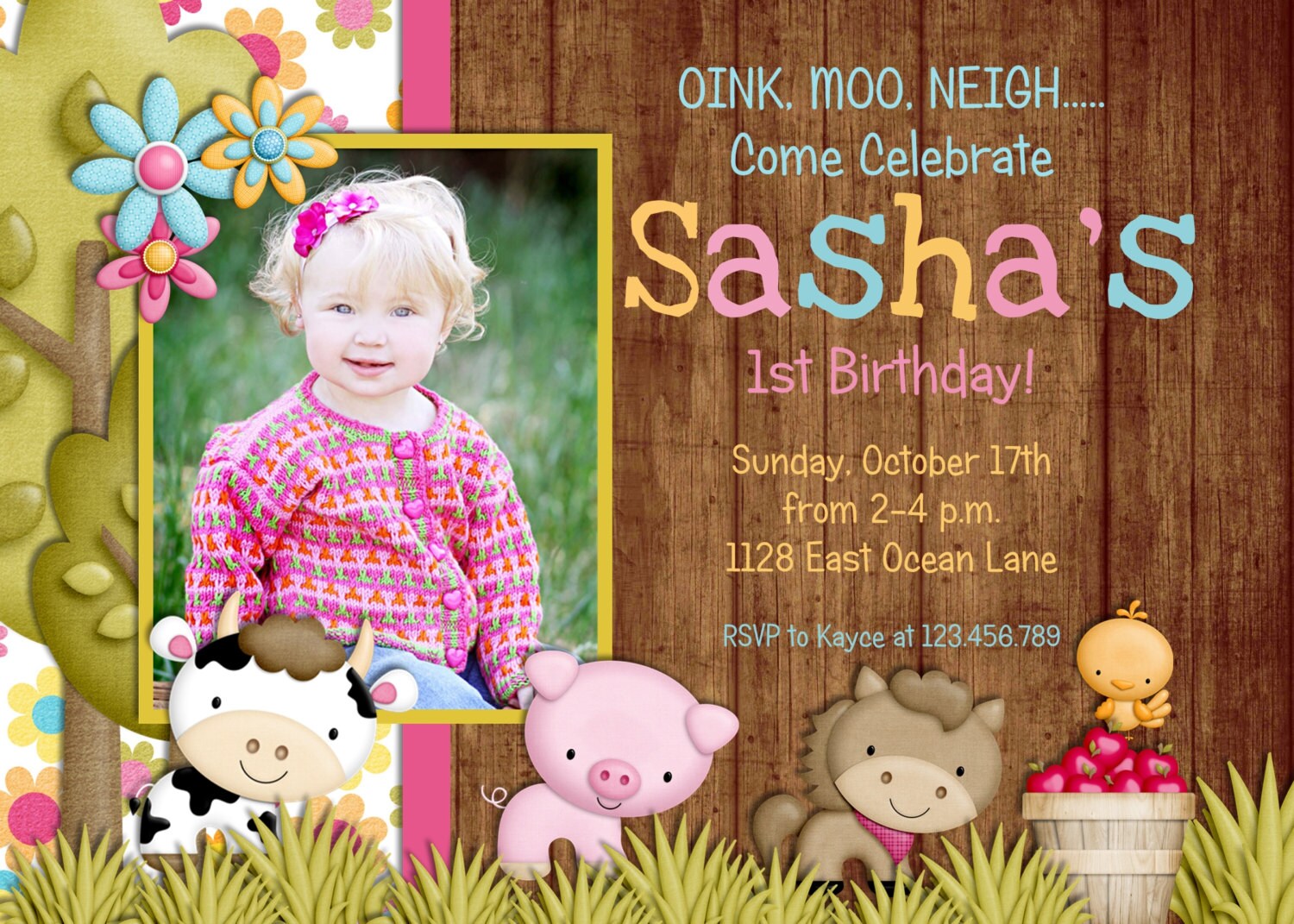 Farm First Birthday Party Invitation Girl Farm Birthday