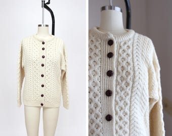 1980s Irish Fisherman Cardigan { M } Vintage 80s Wool Sweater