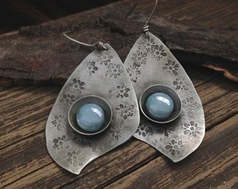 Rustic silver earrings with Montana blue Czech glass, textured dangle earrings