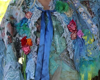 Blue rococo cape, wearable art, hippy gypsy wrap, sassy , bohemian romantic tattered laces,