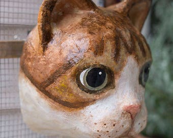 paper mache, cat, head wall mount, home decor, animal head, wall hanging
