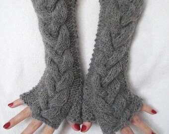 Fingerless Gloves Wrist Warmers Grey Cabled, Extra Long and Soft and Warm in Virgin Wool and Mohair