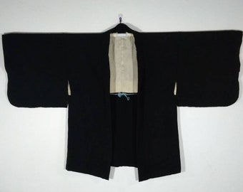 H289 Vintage Japanese Black Geometric Floral Kimono Jacket Haori | Floral Kimono Haori | Kimono Cardigan | Short Kimono Robe | Short Sleeve