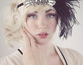 Deco Flapper Headband Antique Silver Beading with Black Or Silver Gray Ostrich Feather Headband