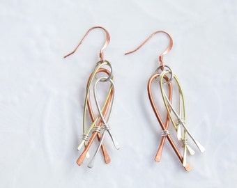 Mixed Metal Earrings, Wire Earrings, Dangle earrings, Modern Earrings, Copper, Silver and Gold Earrings,