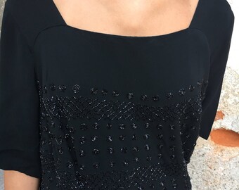 Vintage black tailored dress with embroidery in hand-sewn beads