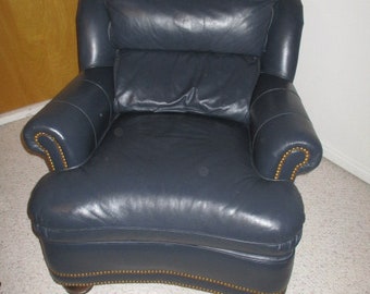 Hancock & Moore VERY HIGH END Leather Chair Classic Style Retails for 2400 Navy Blue Gold accent nails Traditional Sophisticated nautical