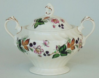 Myott Staffordshire Olde Chelsea Hedgerow Blackberries & Blossoms LARGE Lidded 2-Handled Sugar Bowl PRISTINE