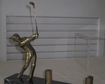 vintage Desk Set for Business Cards - Brass Golfer