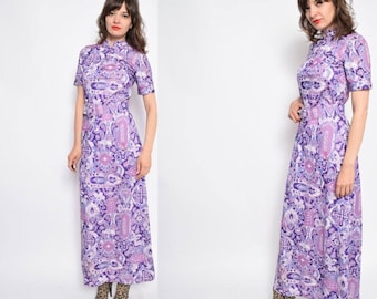 Vintage 70's Lilac Purple Print Maxi Dress / Lavender Abstract Print Dress - Size Medium