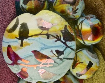 Lampwork Bead Set "Evening Chatter" Handmade Glass Beads SRA ~ Sandblasted Iridescent Lustre Focal Lentil & set of 6 Spheres ~ Woodland
