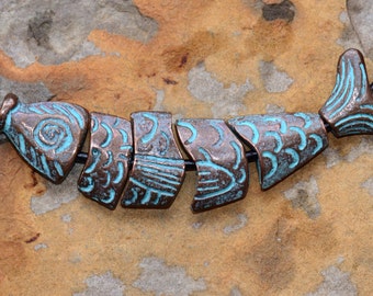 Greek Worry Fish Pendant - 1 Green Patina, 3 inches long